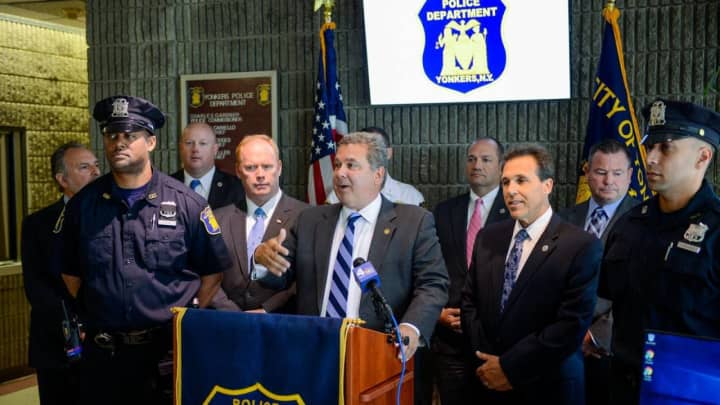 Yonkers Mayor Mike Spano announces the debut of the Police Department&#x27;s new phone app, which lets callers give officers anonymous tips.