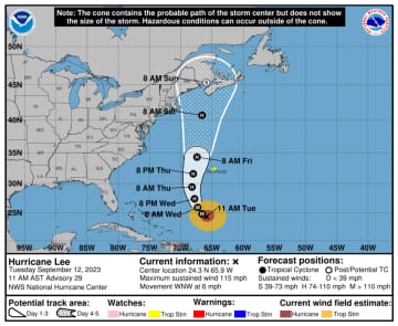 A look at Hurricane Lee's projected track through 8 a.m. Sunday, Sept. 17.