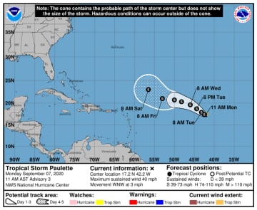 The projected path of Tropical Storm Paulette was released Monday, Sept. 7 by the National Hurricane Center.