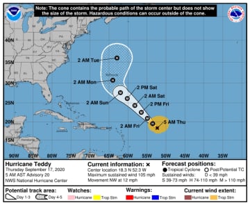 The latest projected track, released Thursday morning, Sept. 17 by the National Hurricane Center, is shown above.