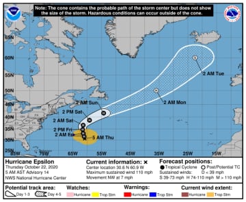 Here's the brand-new projected track for Hurricane Epsilon, located near Bermuda on Thursday, Oct. 22.