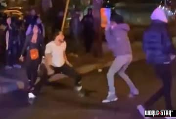 Screen shot from video of brawl that ignited shooting outside Teaneck nightclub.