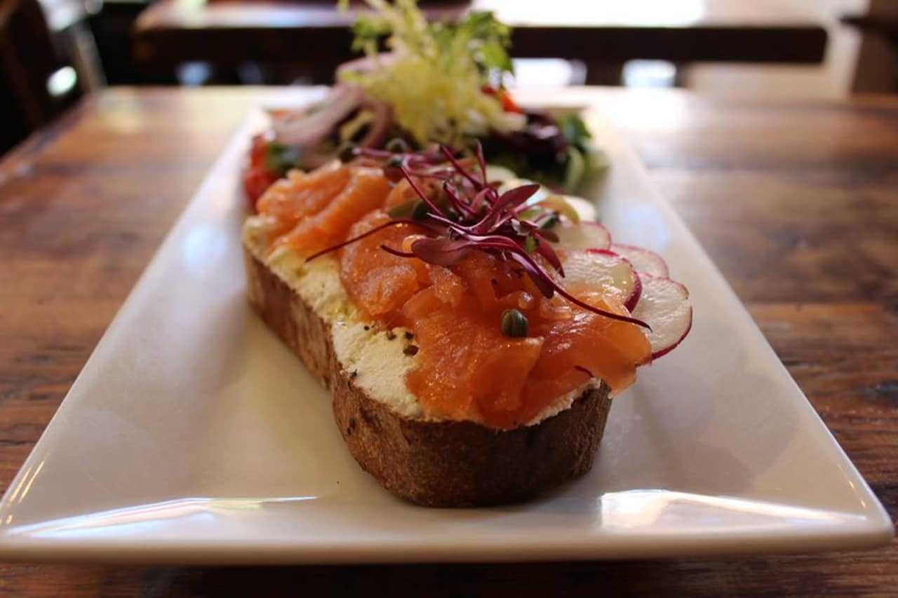 Smoked salmon, Vermont farm fresh ricotta, sliced raddish, cucumber & microgreens (Tartine de Saumon) from Patisserie Florentine in Englewood.