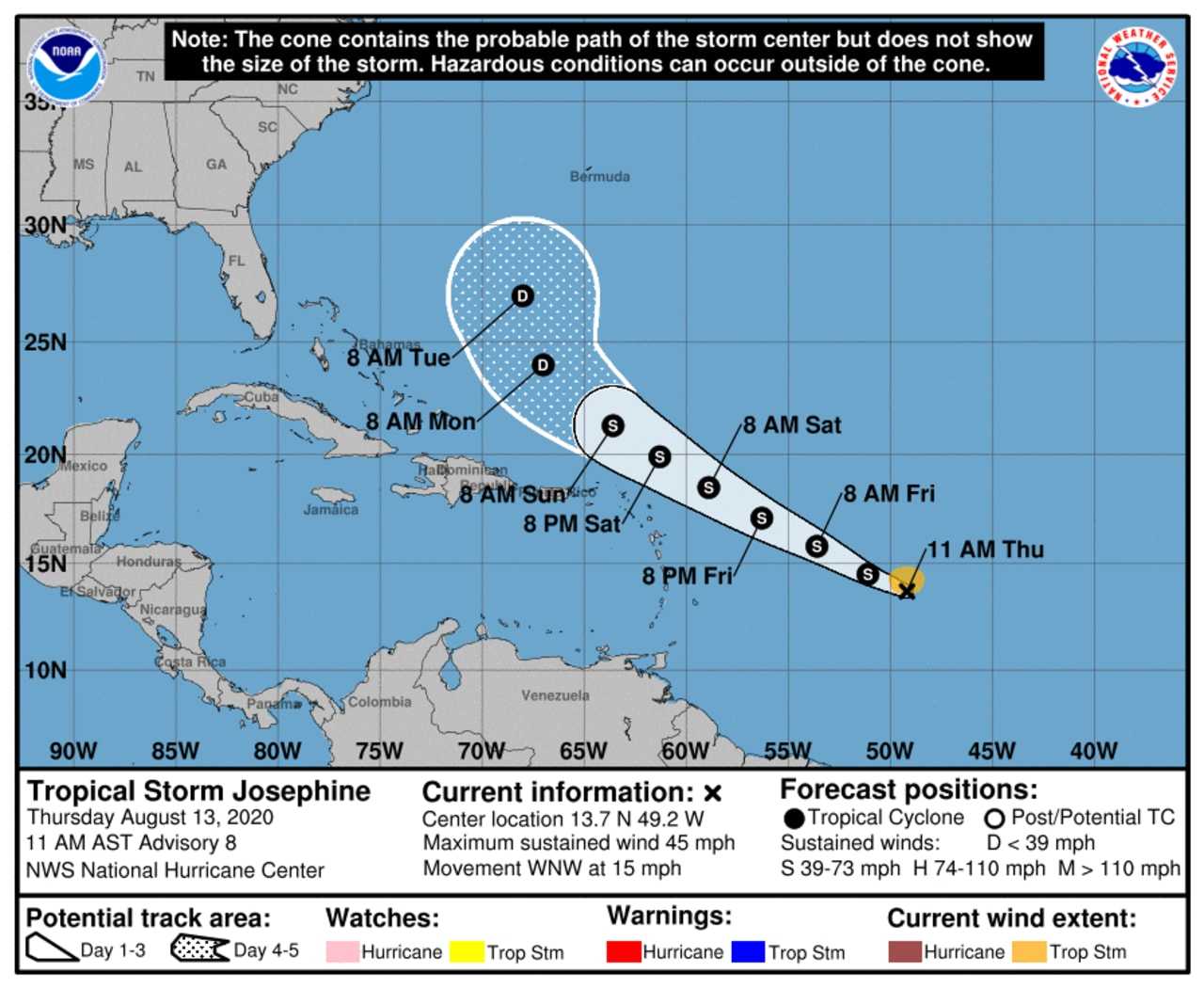 A look at the five-day projected path for Tropical Storm Josephine.