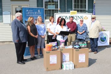Community leaders talk about the Hurricane Relief Donation Drive that the Greater Mahopac-Carmel Chamber of Commerce launched