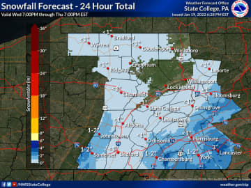 Snowfall map for Pennsylvania