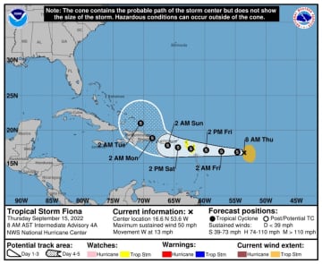 Tropical Storm Fiona is about 525 miles east of the Leeward Islands on Thursday afternoon, Sept. 15 the National Hurricane Center said.