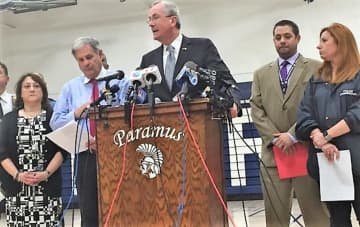Gov. Phil Murphy during Thursday afternoon news conference at East Brook Middle School in Paramus.