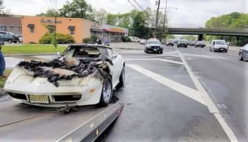 The 'vette burst into flames just south of Ridgewood Avenue on Route 17.