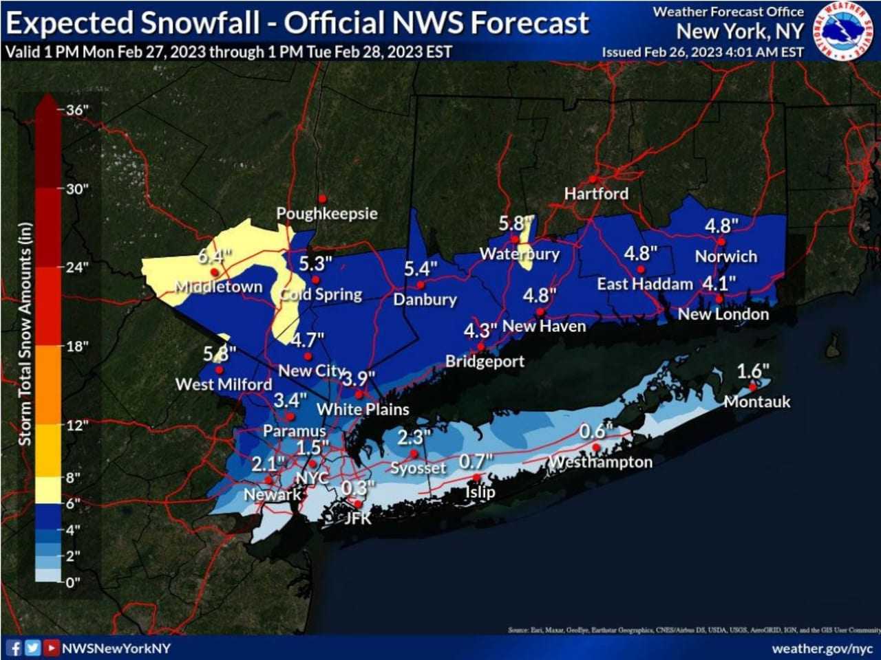 While most places will see snow at the onset of the storm later in the day on Monday, Feb. 27, coastal areas are likely to get a mix with and changeover to plain rain overnight into Tuesday morning, Feb. 28.