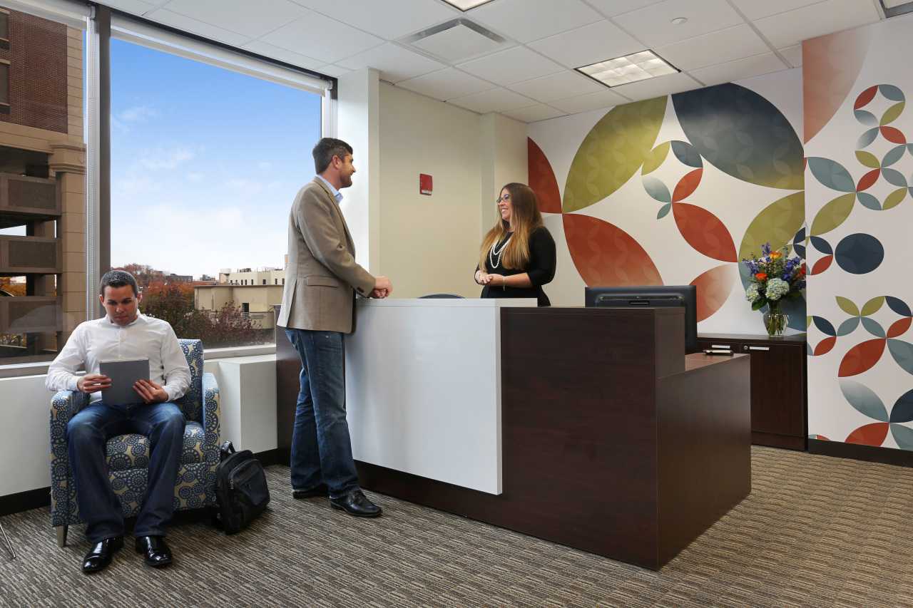 This is a reception area at a Regus business center.