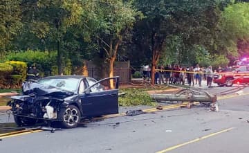 The Chevy Malibu toppled the pole on Prospect Avenue in Hackensack shortly before 7 p.m. Monday, June 5.