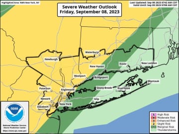 Areas in yellow are at the higher risk for severe storms on Friday, Sept. 8.