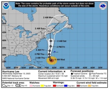 A look at Hurricane Lee's projected track through 8 a.m. Monday, Sept. 18.