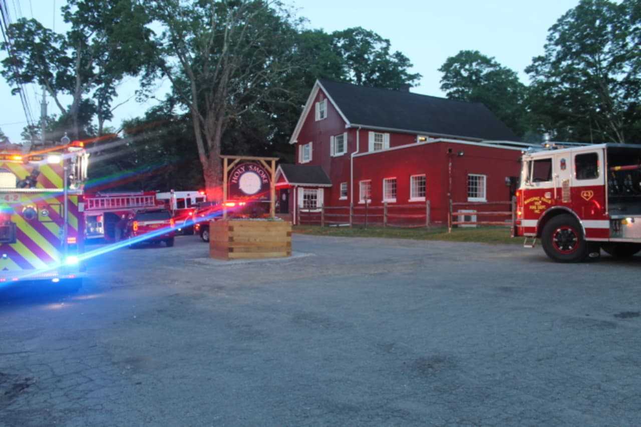 Mahopac Falls FD sets up for an interior attack at Holy Smoke restaurant.