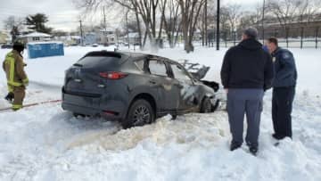 Mazda that burned in snow in Little Ferry.