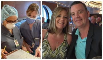 Lori Van Bever, pictured on the right in the left photo, has recovered from coronavirus in time to spend her 11th wedding anniversary at the hospital where she met her husband, David Van Bever.