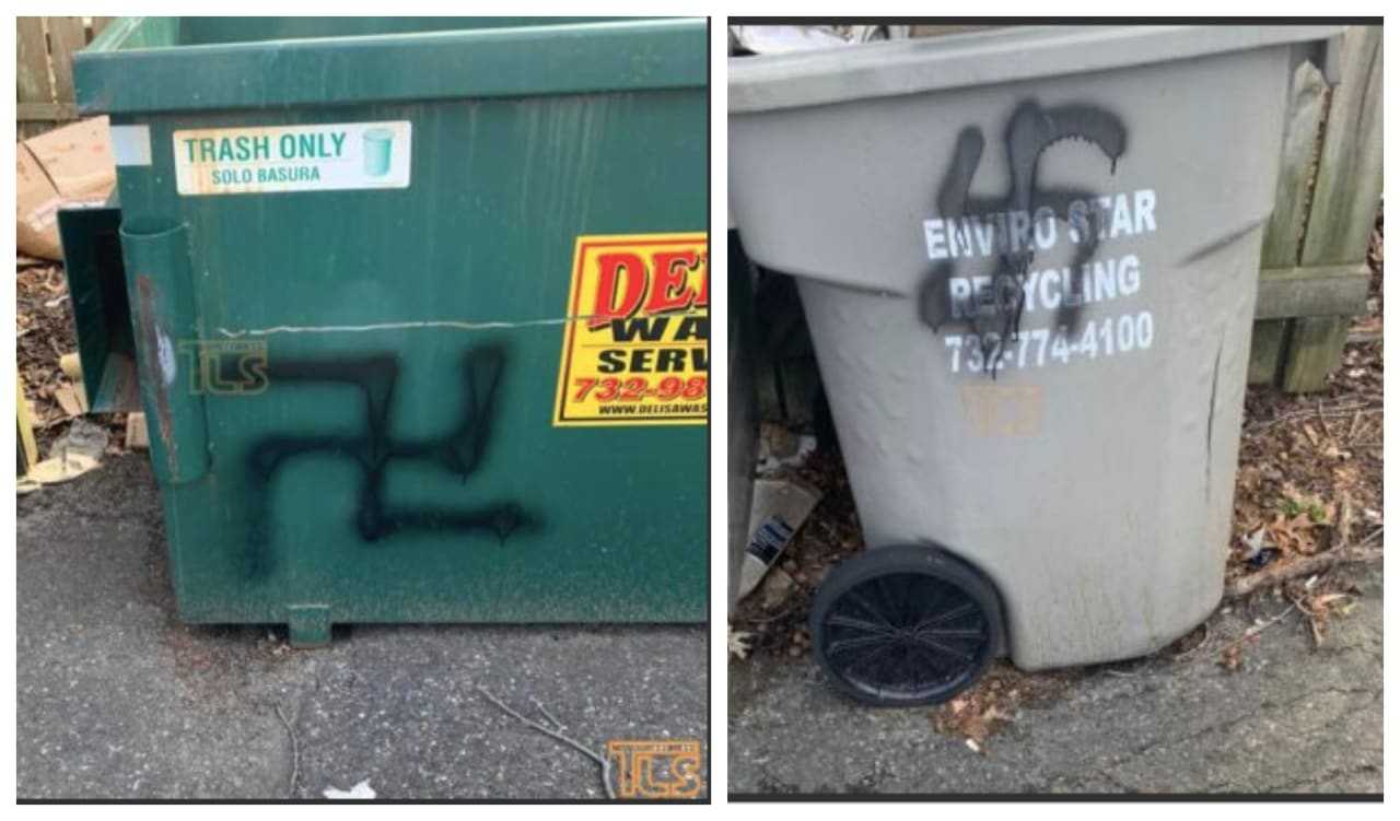 Swastikas painted on dumpsters, trash cans and utility poles at a Central Jersey business.