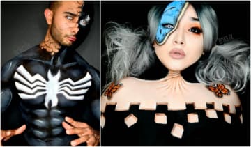 Left: Kevin Saenz of Bergenfield as "Venom" and right: Erika Galloza felt inspired by Savlador Dali, so she painted herself.
