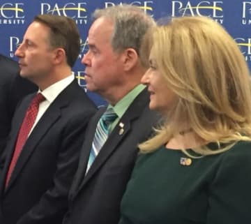 Westchester County Executive Rob Astorino, Rockland County Executive Ed Day and Putnam County Executive MaryEllen Odell at Hudson Valley Pattern For Progress annual County Leaders Breakfast, held at Pace University in Pleasantville.