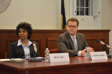 MaryAnn Carr, left, and Luke Vander Linden, right, at a candidate forum.