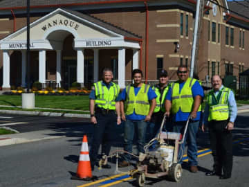 Wanaque's blue line-painting crew -- along with Police Chief Robert Kronyak and Mayor Dan Mahler -- included the Ringwood DPW's Alex Brown and Josh VanDunk and Wanaque DPW Supt. Mike Reiff.