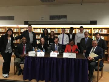 A panel of local leaders and student presenters took part in the recent #‎DemocracyIsNotASpectatorSport civics forum at New Rochelle High School.