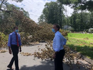 Connecticut Gov. Ned Lamont, right, and U.S. Sen. Richard Blumenthal touring Danbury following the storm.