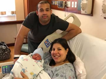 Emily and TJ Mederos of Port Chester, NY, welcome Mason Raphael Mederos, the first baby born in 2018 at Greenwich Hospital.