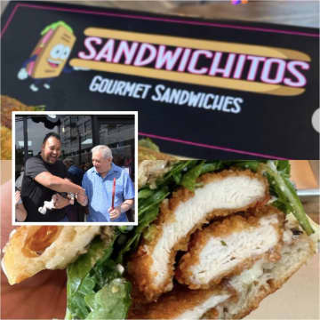 Markin Delacruz is joined by North Bergen Mayor Nicholas Sacco for the opening of Sandwichitos.
