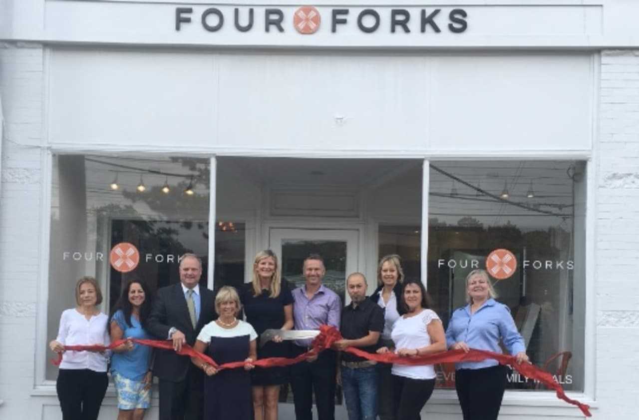 <p>Barbara Busskohl, Toni Sabia, Peter Olson (all DCCBoard Directors), Selectman Susan Marks, Megan and Chris Ruppenstein (Owners), Ernesto Escobar-Four Forks, State Rep. Terrie Wood, Adrianna Chirimelo-Four Forks and DCC Board Director Laurie Griffith</p>