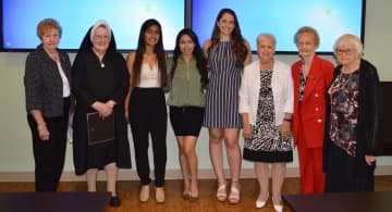 <p>From left, Patricia Fraleigh. Sister Mary McCaffrey; Jhoely Duque, a graduate of Lakeland High School; Jessie Zhanay of Peekskill High School; Danielle Merante, a graduate of Walter Panas High School; Marie Turner, Virginia Rederer and Donna Edwards.</p>