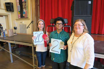 From left: Emily Highes, Ahlron Pacana and English teacher Patricia DiLorenzo.