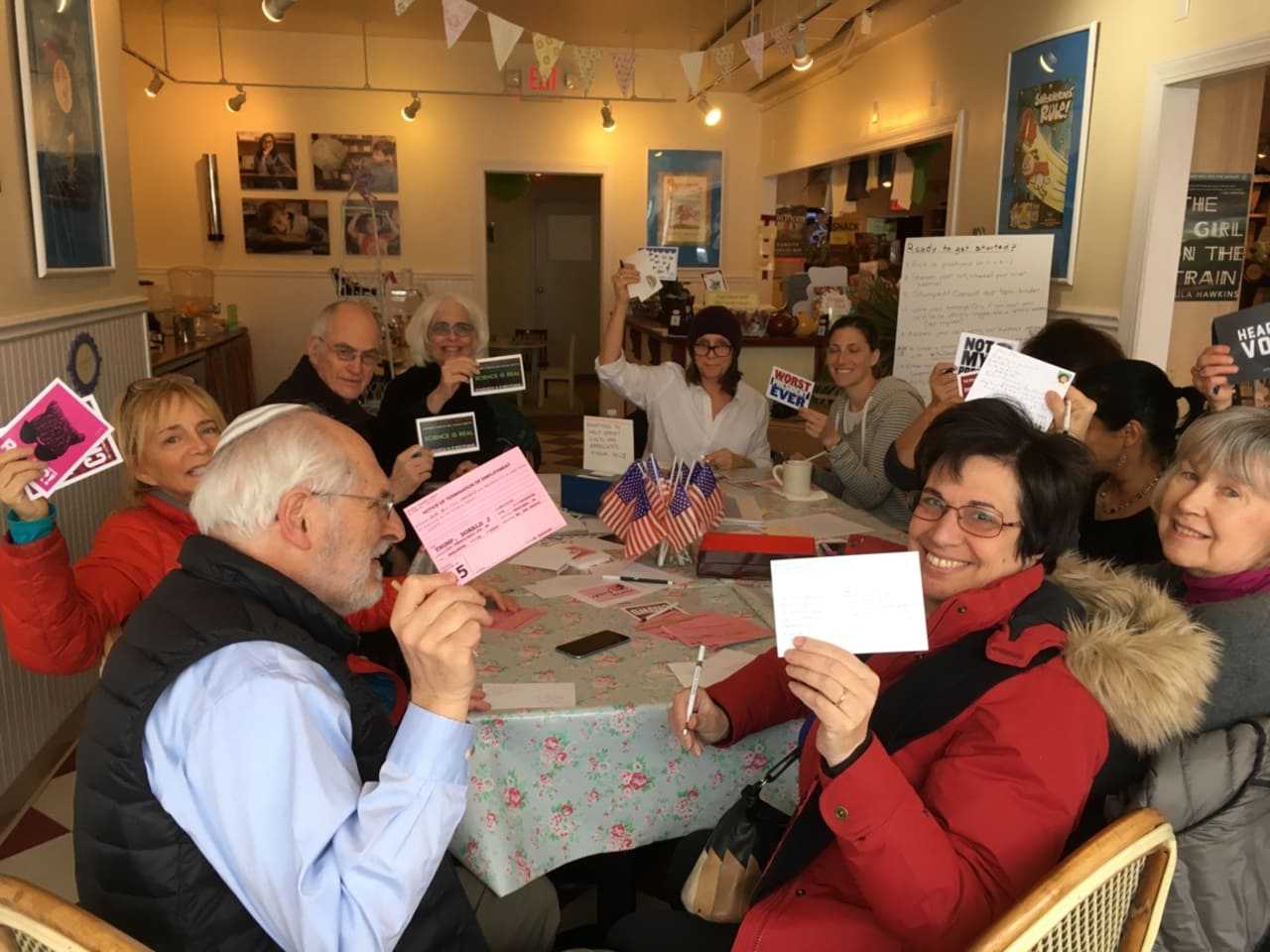 Postcard participants at The Voracious Reader in Larchmont gear up for the Ides of Trump.
