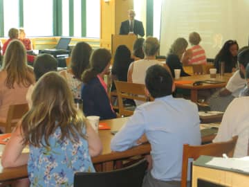 Mamaroneck Schools Superintendent Robert Shaps welcomed new teachers at an orientation session on Aug. 26. At the White House on Tuesday, Shaps accepted a national "Bright Spots" honor for Mamaroneck's initiatives in educating Hispanic students.