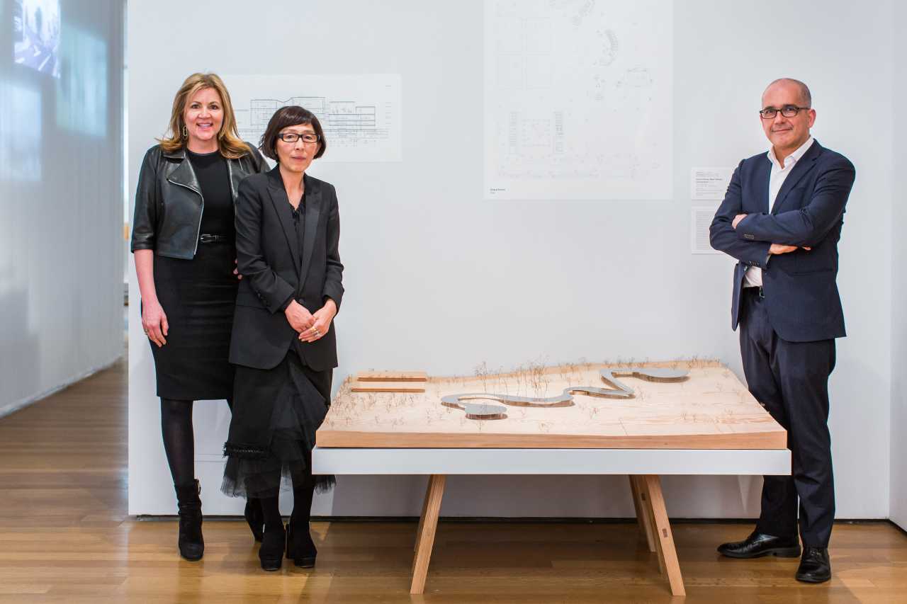 Grace Farms Foundation President Sharon Prince, Kazuyo Sejima of SANAA, and Pedro Gadanho, curator of the exhibition "A Japanese Constellation: Toyo Ito, SANAA, and Beyond."