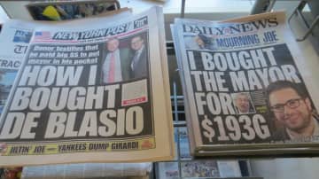 Friday's tabloid headlines about a federal corruption probe of New York City Mayor Bill de Blasio. Sen. George Latimer, a Democrat challenging County Executive Rob Astorino, said the Republican is another target of the government bribery probe.