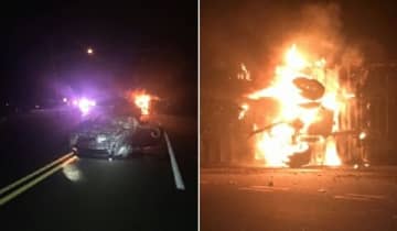 Both had already gotten out of their vehicles when police found the donut delivery truck on its side engulfed in flames, Van Saders said.