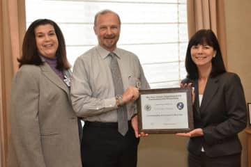 L to R: Maria Mediago, Vice President, Facilities Management, The Valley Hospital; Howard Halverson, Director, Environmental Services, The Valley Hospital; and Audrey Meyers, President and CEO, Valley Health System.