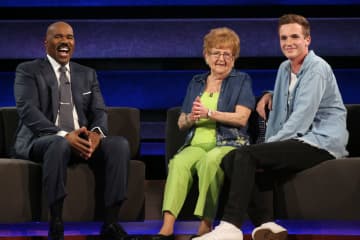 Shelton resident Lillian Droniak, center, and her grandson, Kevin Droniak of Newtown, will appear on NBC's "Little Big Shots: Forever Young" with Steve Harvey, left, on Wednesday, July 5.