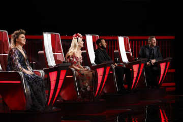 NBC's "The Voice" judges Kelly Clarkson, Gwen Stefani, John Legend and Blake Shelton.