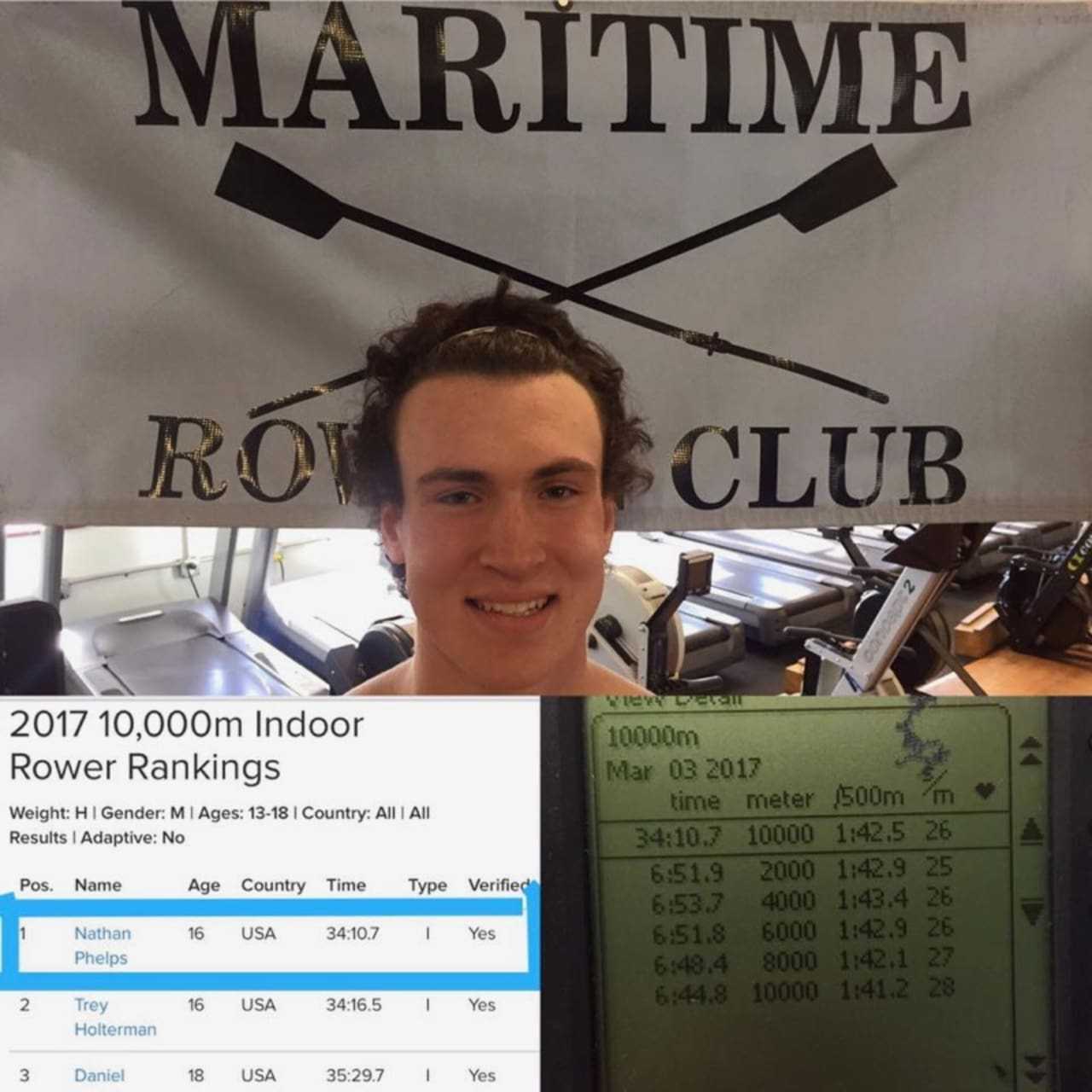 St. Luke's junior rower Nate Phelps ‘18 broke the U-17 10,000 meter indoor rowing world record at the Maritime Rowing Club on Saturday, March 4.
