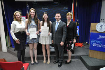 From left,Tierney Saccavino of Acorda Therapeutics; Sacred Heart students Grace Passannante of Rye and Kelly Heinzerling of Greenwich; Westchester County Executive Rob Astorino and Greenwich talk show host Lisa Wexler.