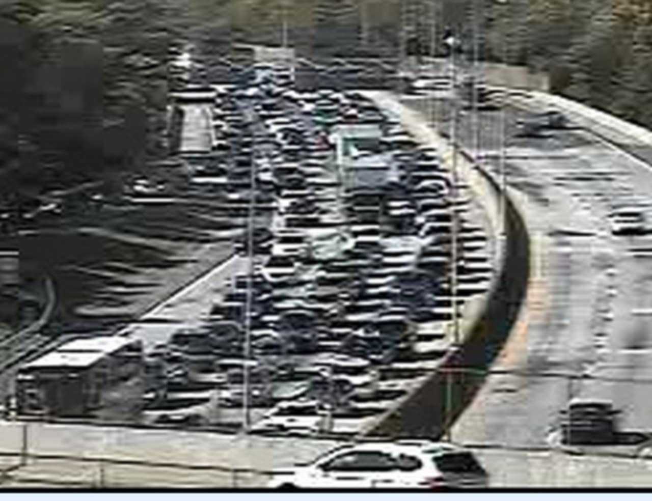 A look at delays on I-95 near Boston Post Road in Rye after Sunday morning's fatal motorcycle accident. 