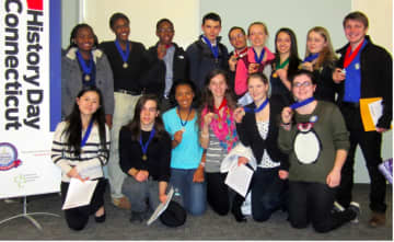 Some of the students who were honored at the State's National History Day competition, which was held recently at Central Connecticut State University in New Britain.