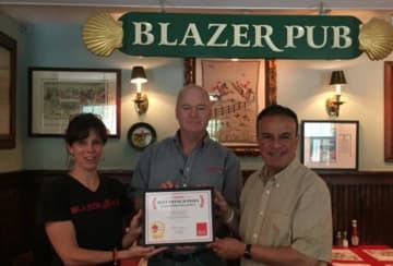 Lef to right: Aran O'Leary, Mick Deakin of The Blazer Pub with Daily Voice Director of Media Initiatives/Managing Editor Joe Lombardi.