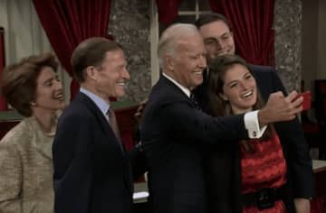 Joe Biden takes a selfie with U.S. Sen. Richard Blumenthal, his wife and two of his children, Claire and David.