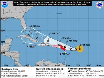 Projected path of Hurricane Irma as of Monday afternoon, Sept. 4.
