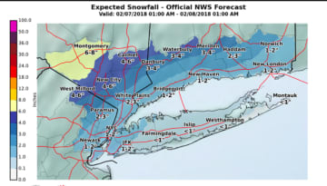 A look at the latest snowfall projections for Wednesday, issued late Tuesday afternoon by the National Weather Service.