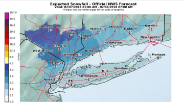 A look at the latest snowfall projections for Wednesday's storm by the National Weather Service.